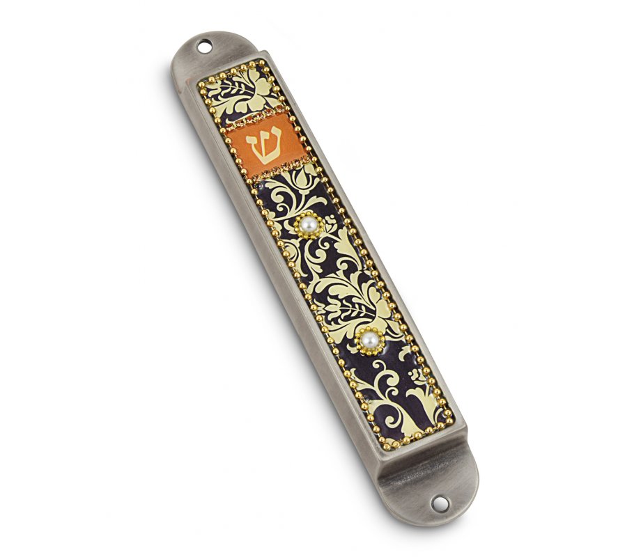 Iris Design Handcrafted Pewter & Enamel Beaded Mezuzah Case - Florals on Black