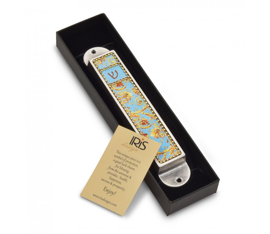 Iris Design Handcrafted Pewter & Enamel Beaded Mezuzah Case - Golden Swirls
