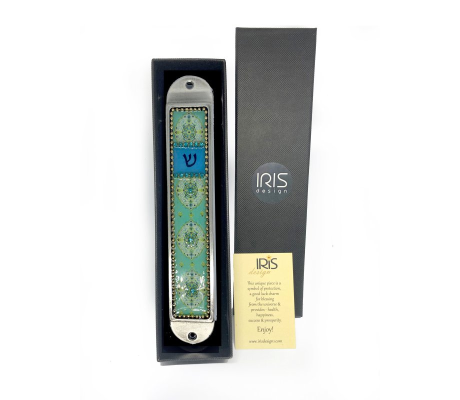 Iris Design Handcrafted Pewter Enamel Mezuzah Case - Oriental Design