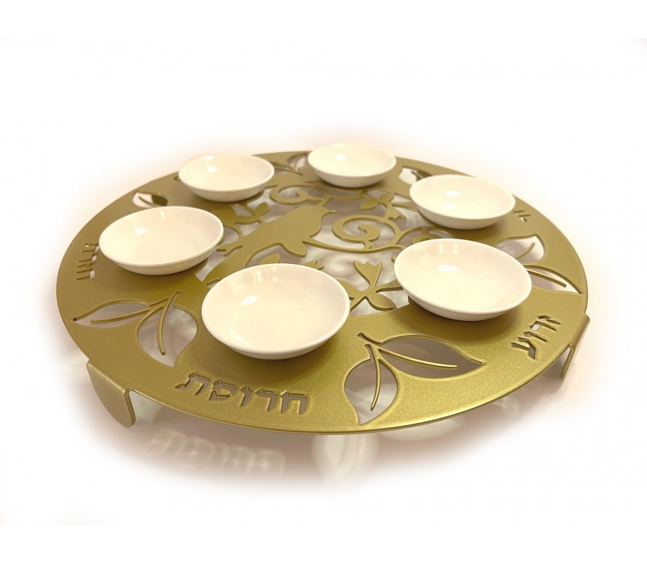 Iris Design, Raised Handmade Seder Plate with Cutout Bird and Leaves – Gold