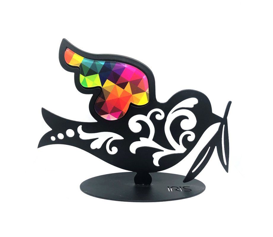 Iris Design Table or Shelf Sculpture - Colorful Dove of Peace with Olive Leaf