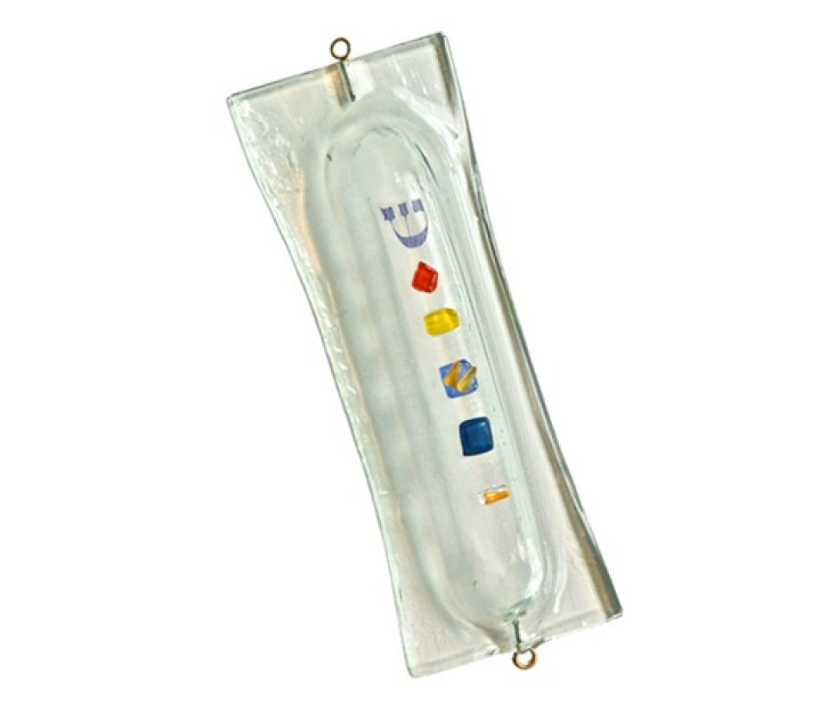 Itay Mager Fused Glass Mezuzah Case Off White with Colored Glass Decorations