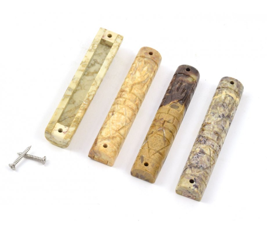 Jerusalem Stone Mezuzah Case, Set of Four with Elongated Shin - 4.7