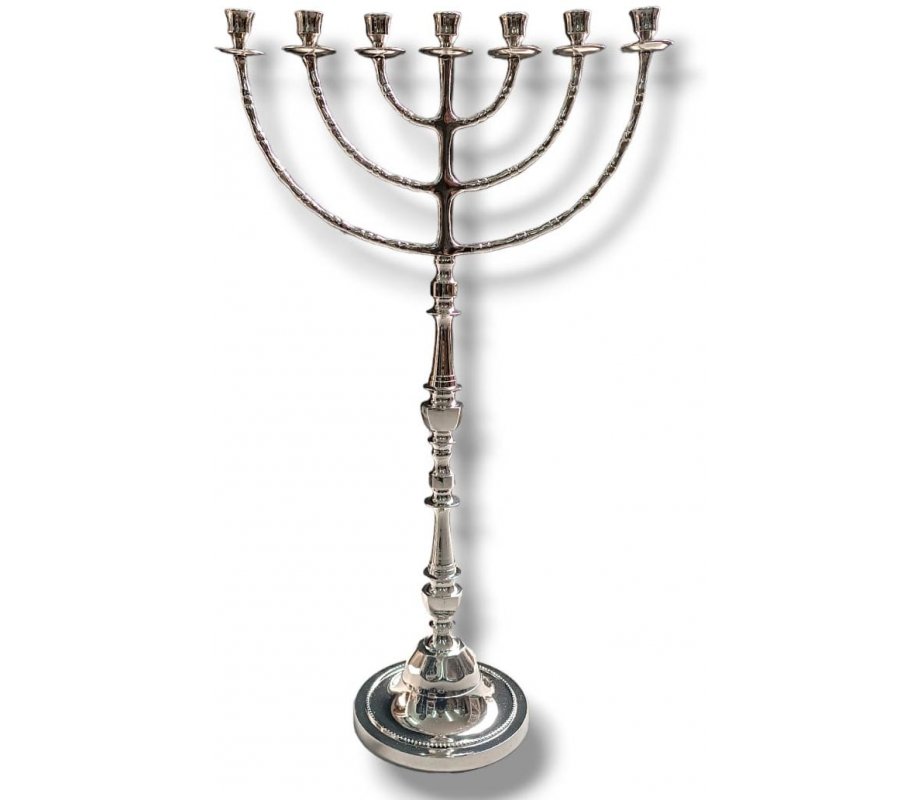 Jumbo Size Seven Branch Menorah, Beaded Decorations on Silver Nickel – 32