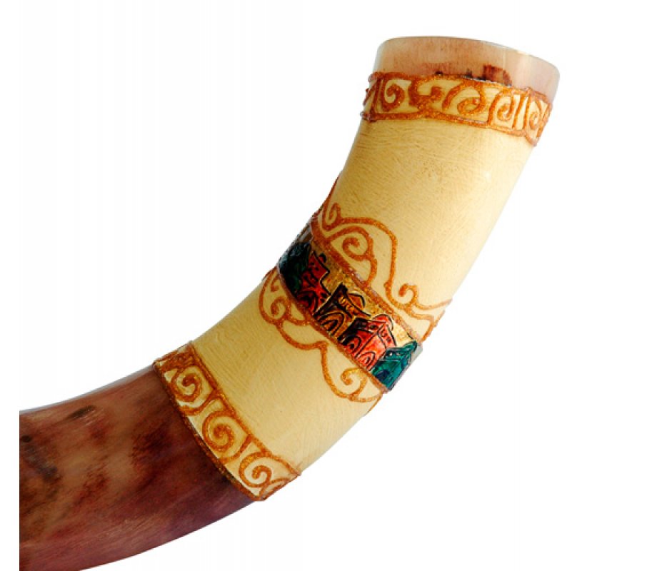 Jumbo Yemenite Hand Painted Shofar - Colorful Jerusalem