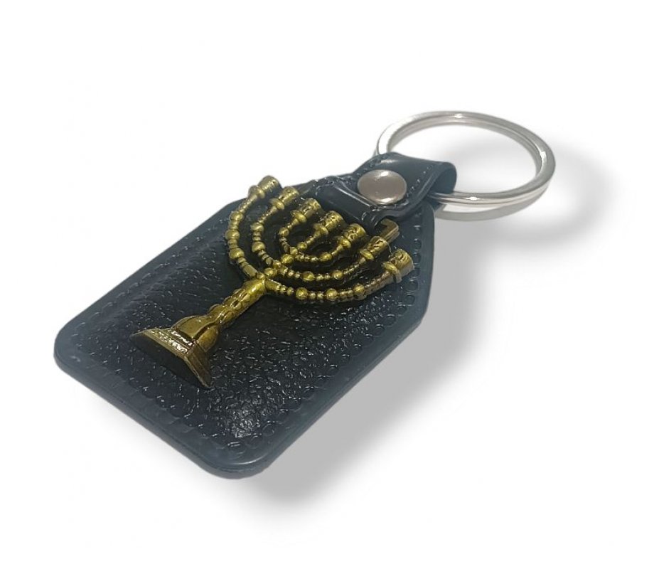 Key Chain with Metal Temple Menorah Image in Gold – Attached to Black Vinyl Base