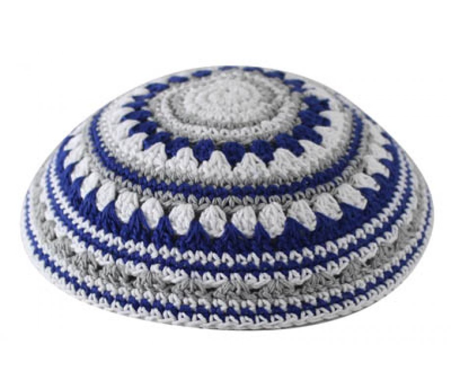 Knitted Kippah Serugah with Blue, White and Gray Stripes - Choice of Sizes