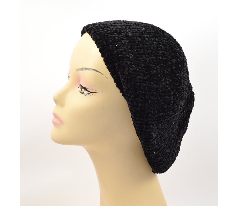 Knitted Women's Snood Beret with Inner Elastic Drawstring - Black with Silver