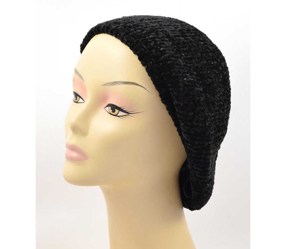Knitted Women's Snood Beret with Inner Elastic Drawstring - Black with Silver