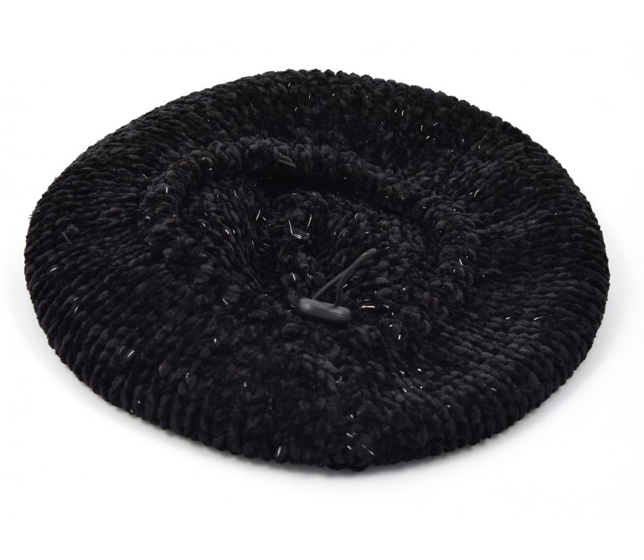 Knitted Women's Snood Beret with Inner Elastic Drawstring - Black with Silver