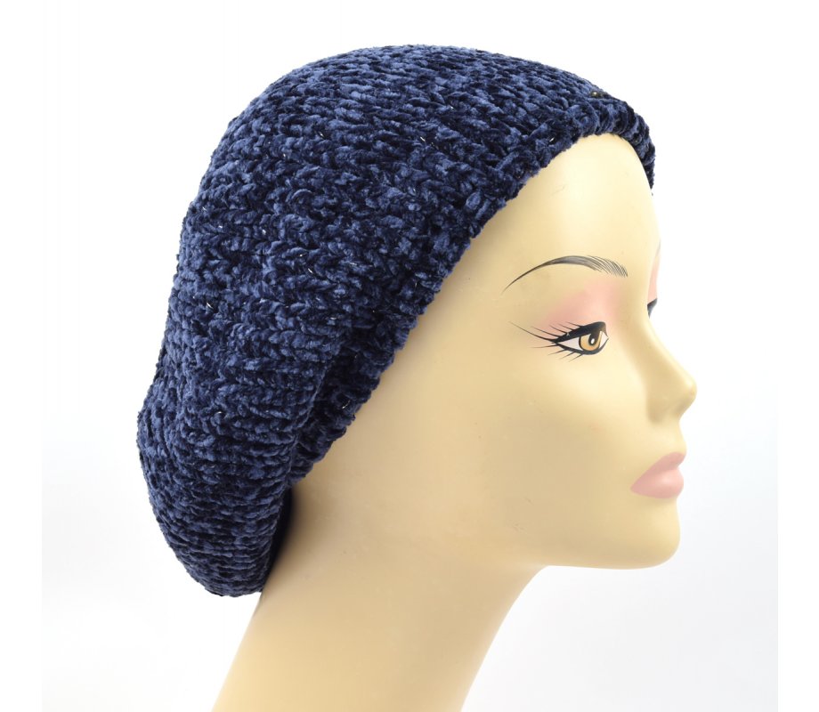 Knitted Women's Snood Beret with Inner Elastic Drawstring - Blue with Silver