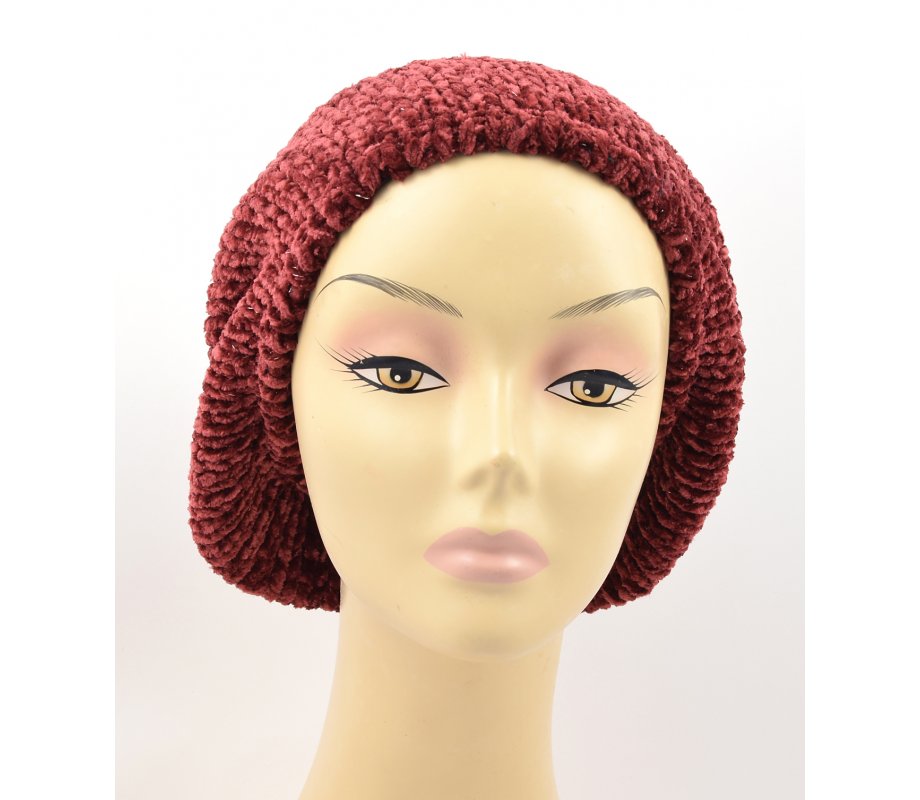 Knitted Women's Snood Beret with Inner Elastic Drawstring - Maroon with Silver
