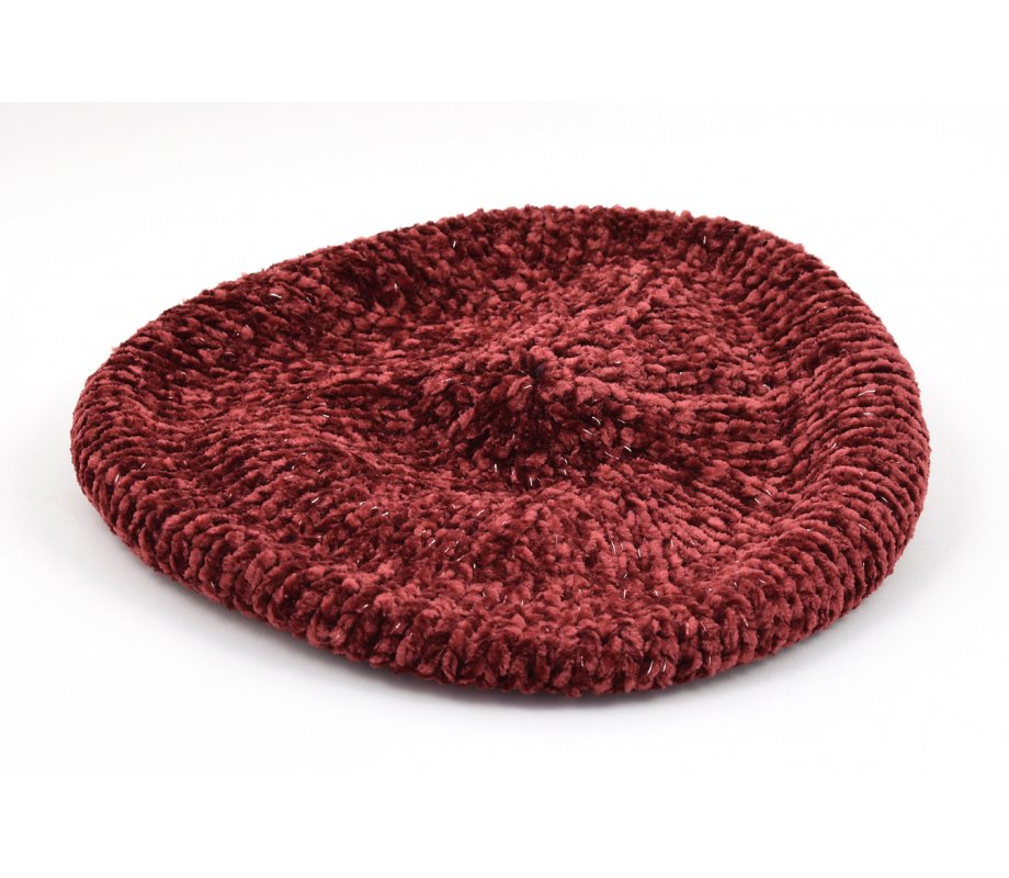 Knitted Women's Snood Beret with Inner Elastic Drawstring - Maroon with Silver