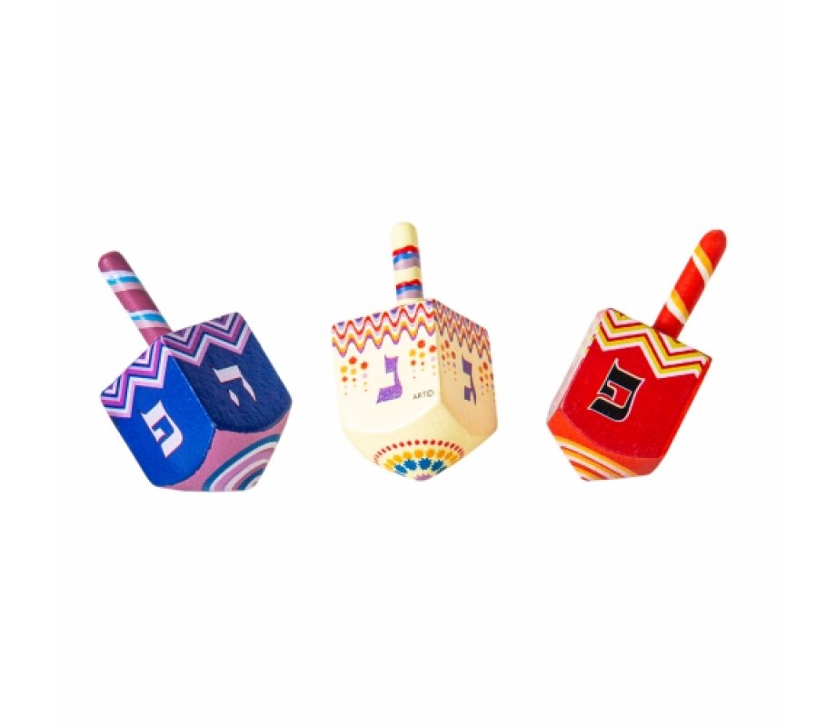 Large Colorful Wood Dreidel with Lively Design - Nes Gadol Haya Poh