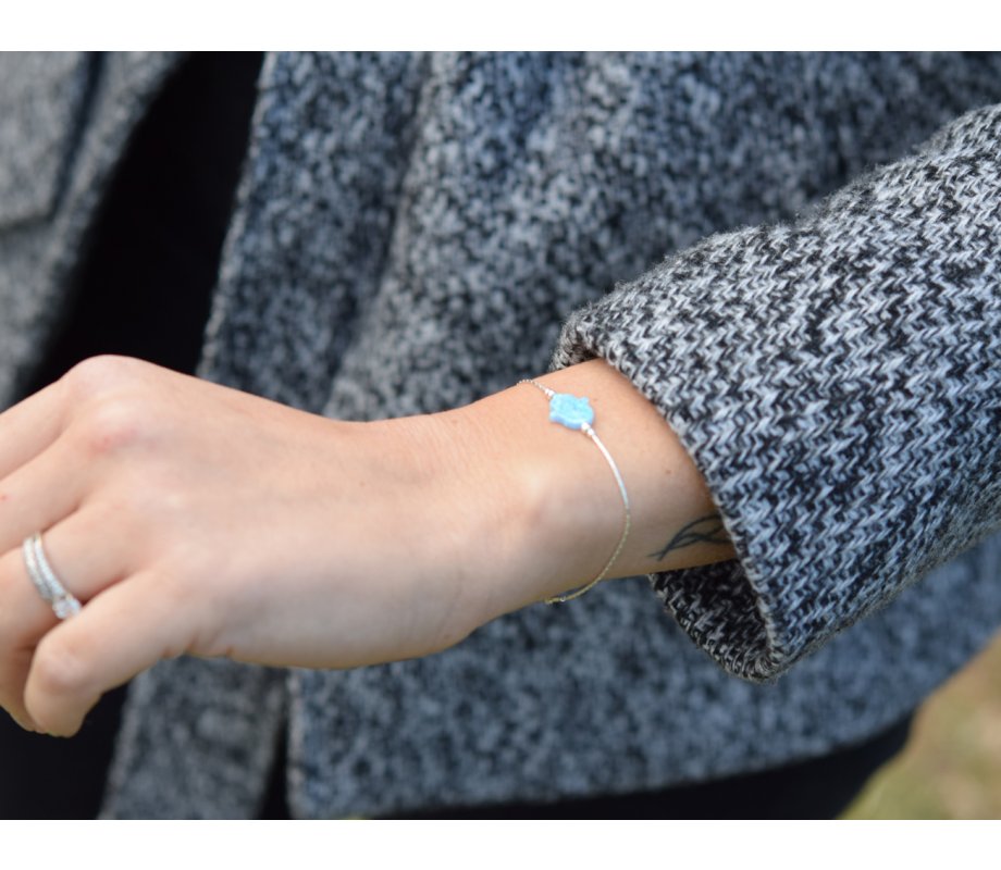 Light Blue Opal Hamsa Silver Bracelet