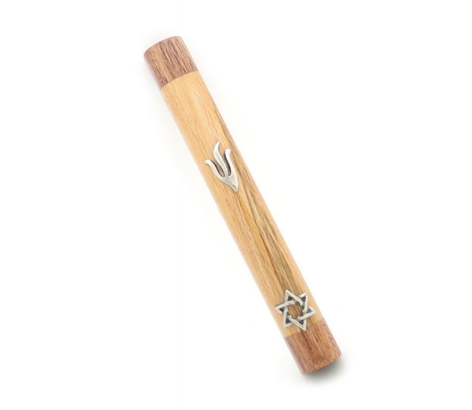 Light Brown Wood Rounded Mezuzah Case - Shin and Star of David in Silver Pewter