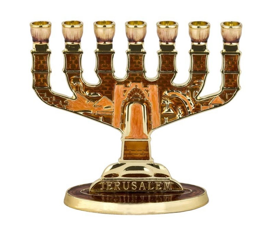 Lively Bronze Enamel Jerusalem Seven Branch Menorah
