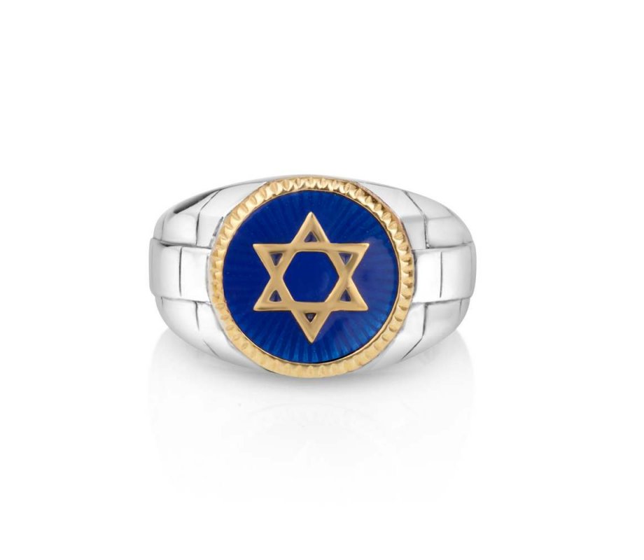 Man's Sterling Silver and Gold Plated Ring with Star of David on Blue Enamel