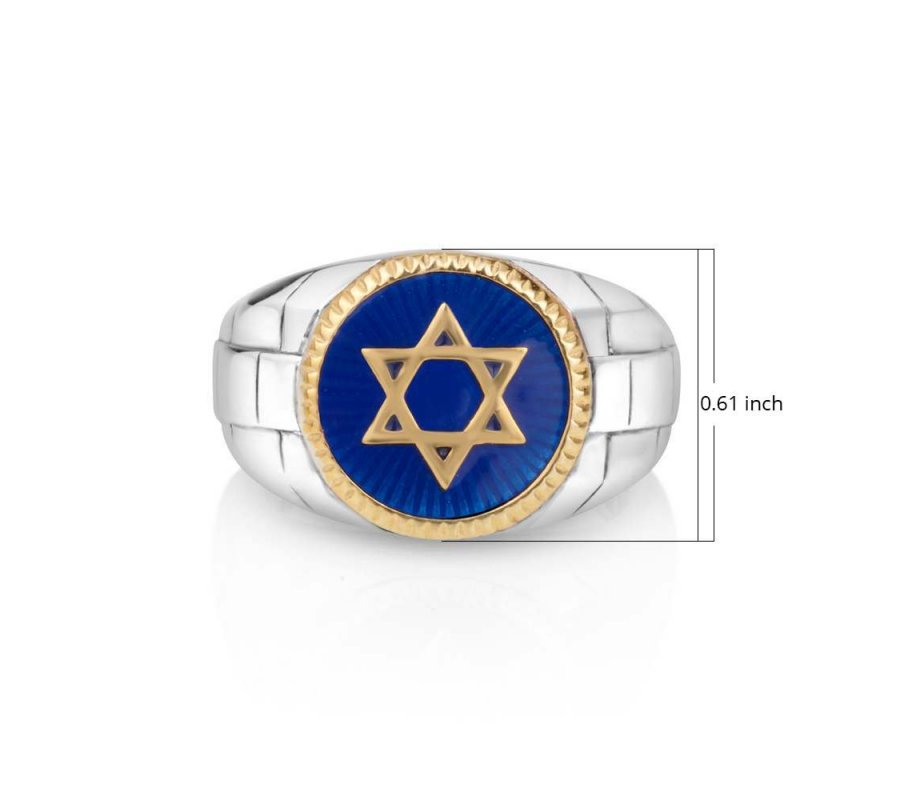 Man's Sterling Silver and Gold Plated Ring with Star of David on Blue Enamel