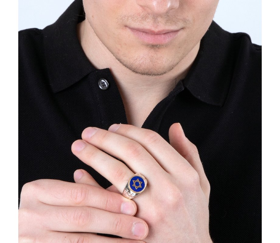 Man's Sterling Silver and Gold Plated Ring with Star of David on Blue Enamel
