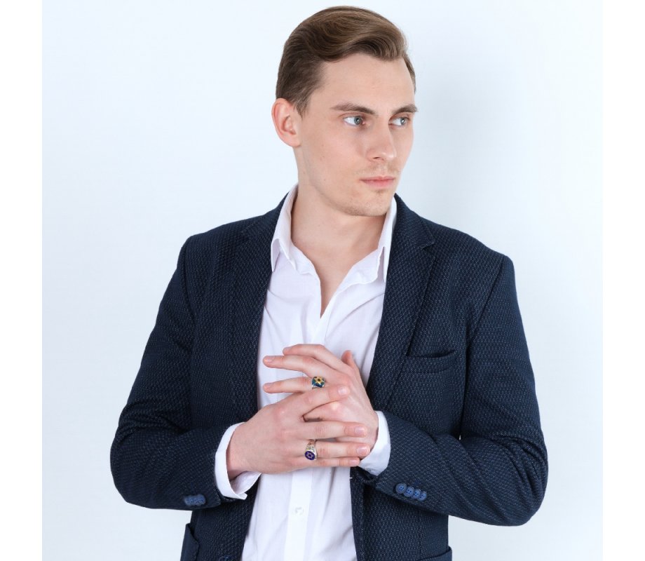 Man's Sterling Silver and Gold Plated Ring with Star of David on Blue Enamel