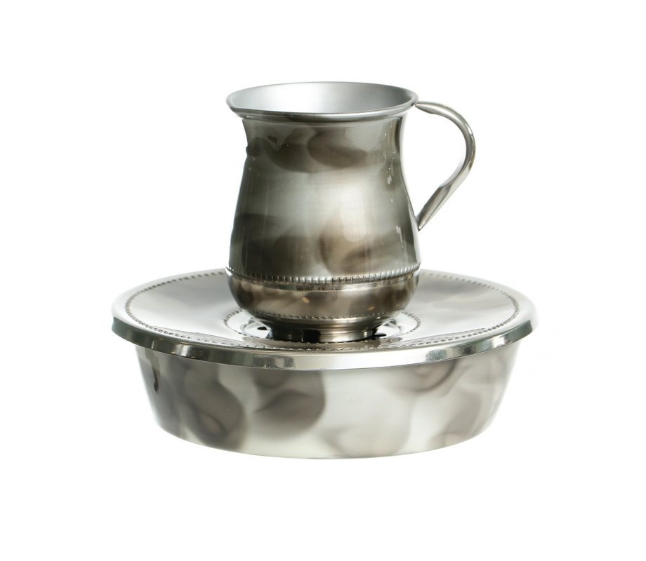 Mayim Achronim 3 Piece Set, Jug, Bowl and Lid in Gray and White Marble Shades
