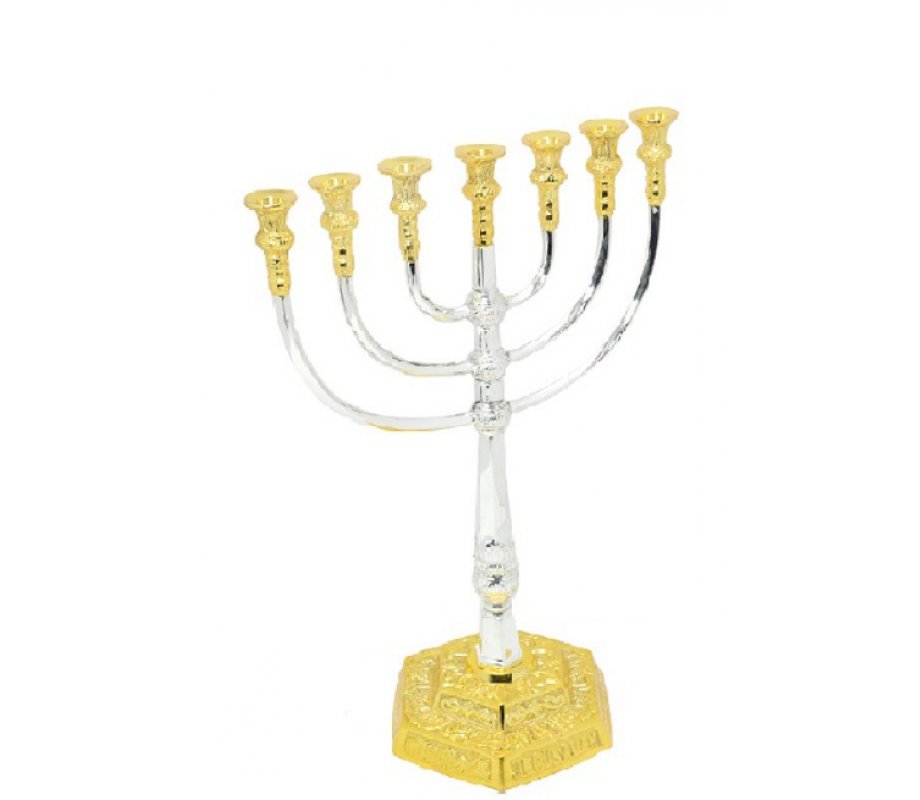 Medium Size Seven Branch Gold Brass Menorah, Smooth and Engraved – 14