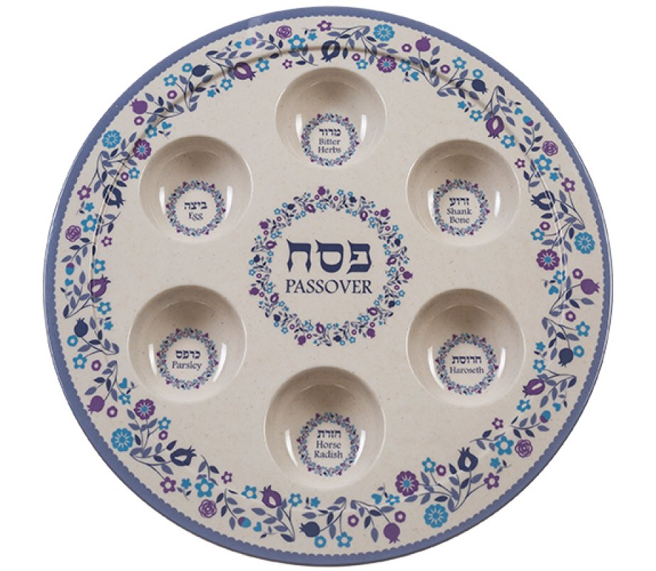 Melamine Seder Plate - Blue and Off White with Flower Design