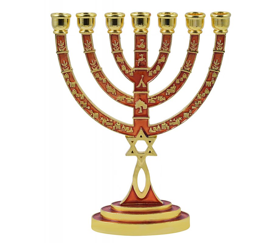 Messianic Seal Gold Tone Seven Branch Menorah Grafted Star of David - Red