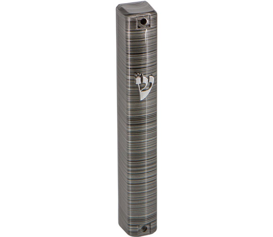 Metallic Look Gray Narrow Striped Mezuzah Case with Silver Shin
