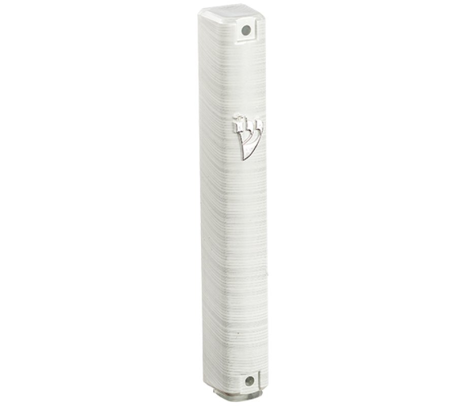 Metallic Look Mezuzah Case with Narrow White-Silver Stripes - Silver Shin