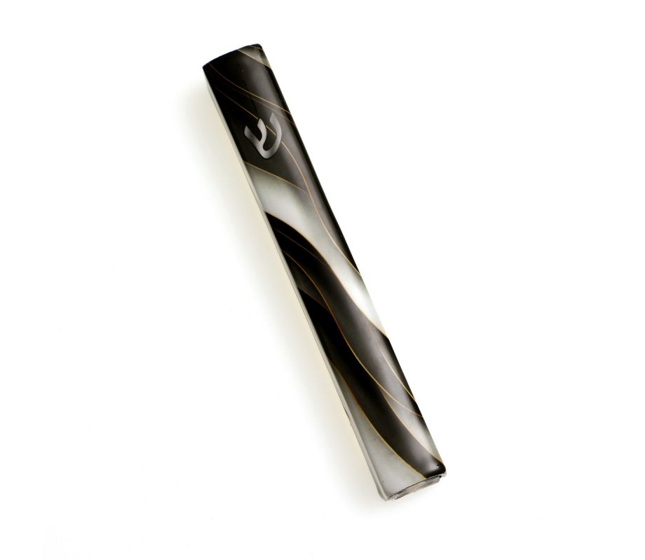 Mezuzah Case, Black & White Marble Design, Silver Shin – for 12 or 15 cm Scroll