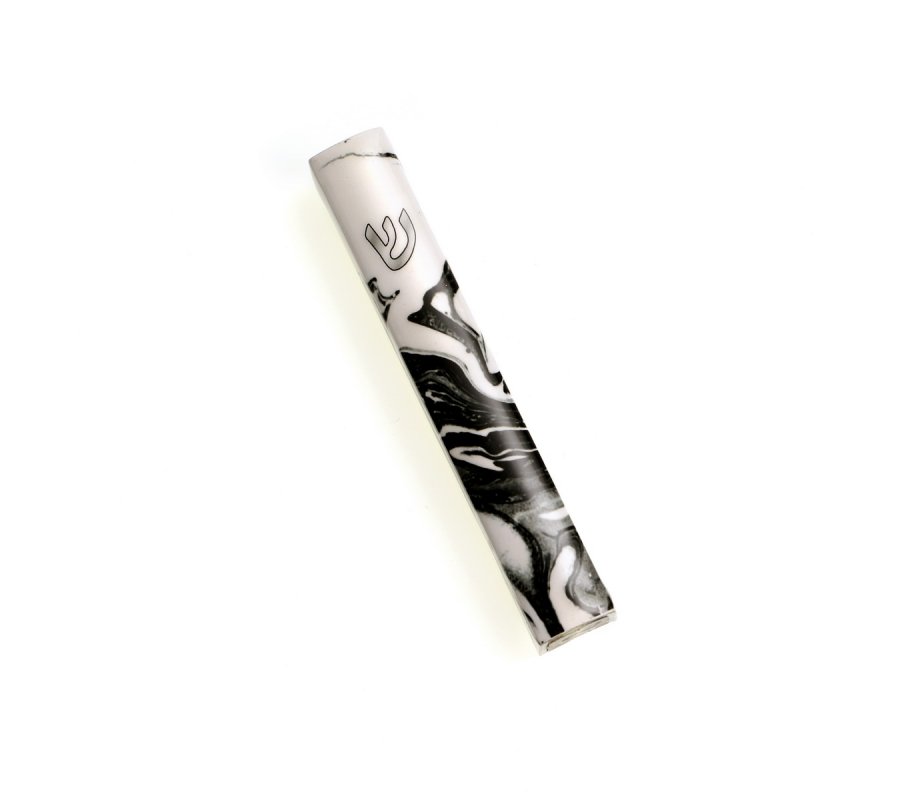 Mezuzah Case, Black and White Wave Design with Silver Shin - for 12 cm Scroll