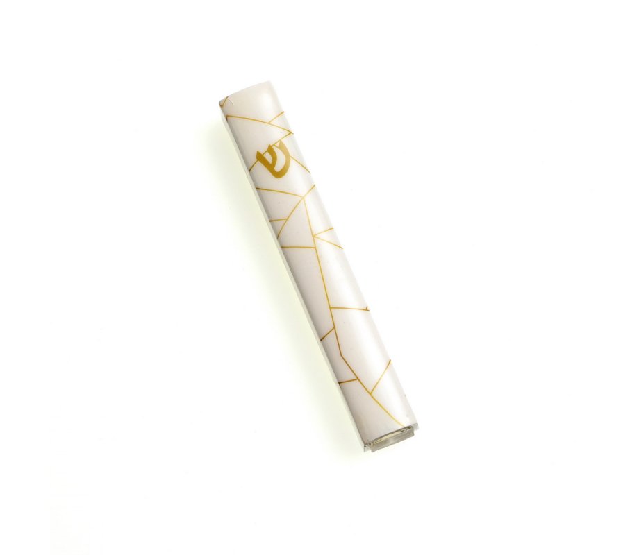 Mezuzah Case, Gold Geometric Lines on White, Gold Shin – for 12 cm & 15 cm Scroll