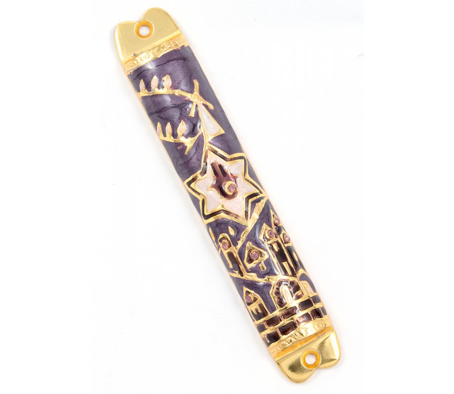 Mezuzah Case with Hamsa, Star of David and Jerusalem Images - Gold and Purple