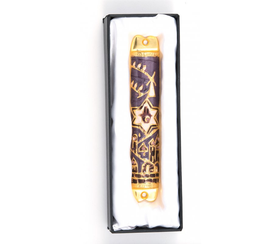 Mezuzah Case with Hamsa, Star of David and Jerusalem Images - Gold and Purple