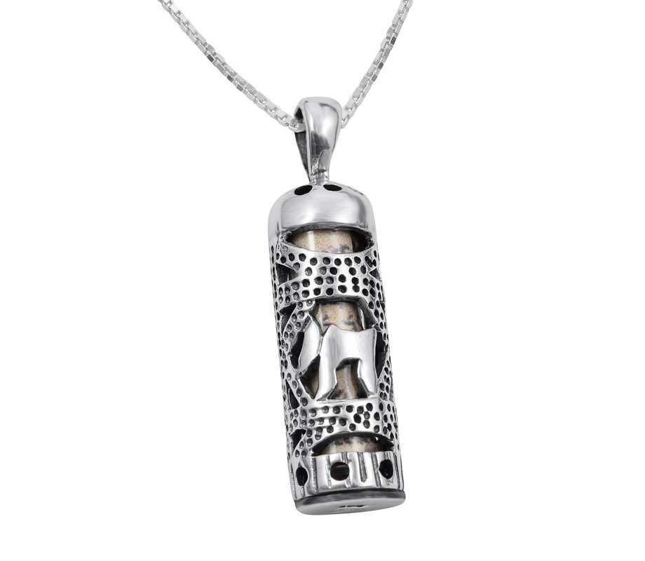 Mezuzah Necklace Pendant in Sterling Silver with Cut Out Chai