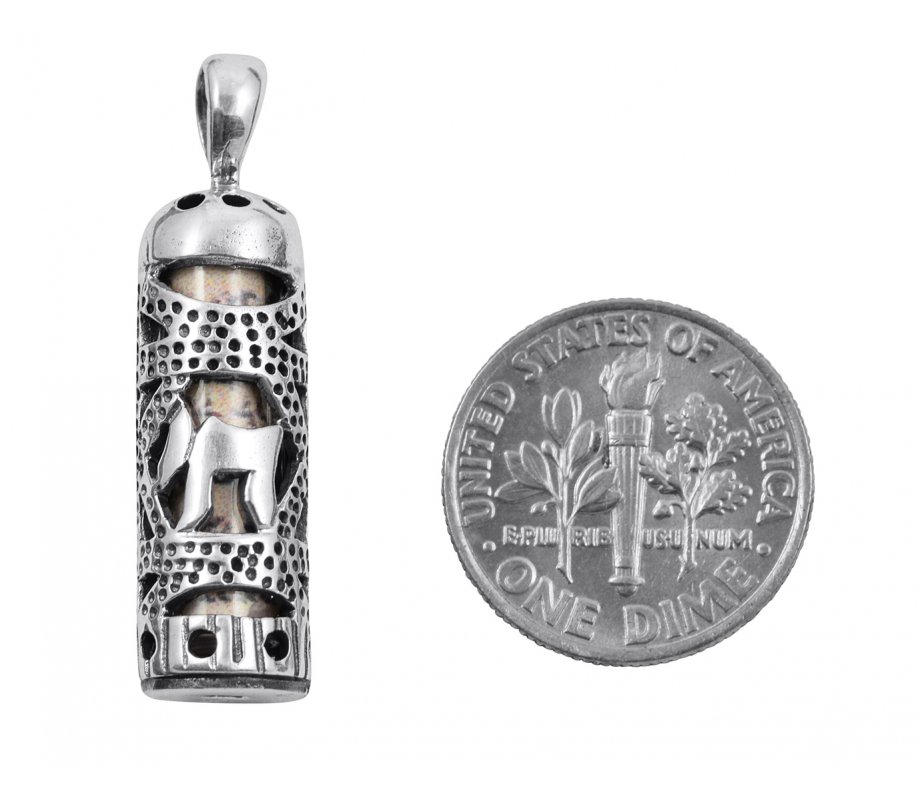 Mezuzah Necklace Pendant in Sterling Silver with Cut Out Chai