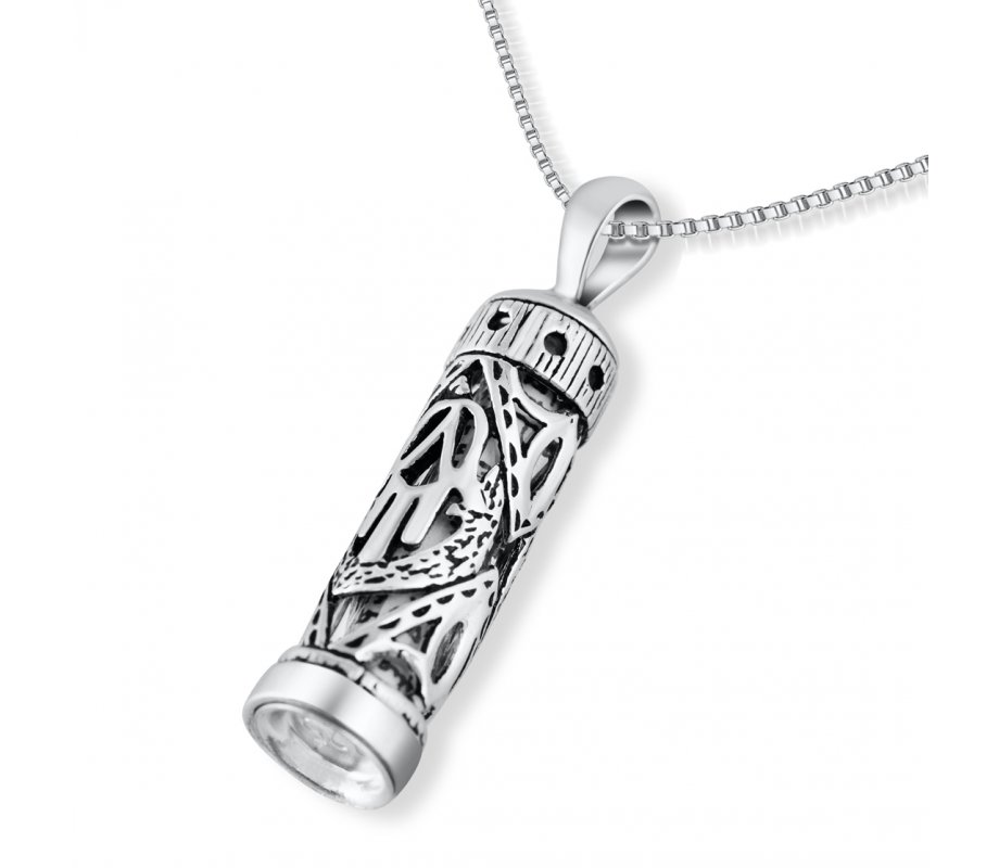 Mezuzah Necklace Pendant in Sterling Silver with Cut Out Hamsa Hand