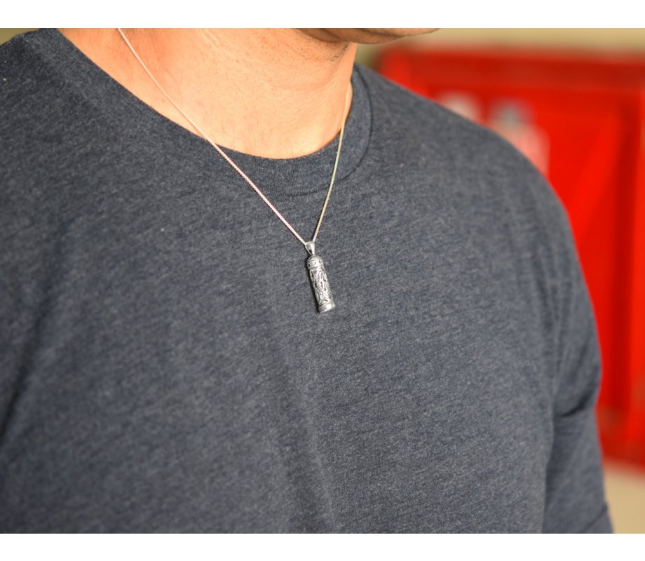 Mezuzah Necklace Pendant in Sterling Silver with Cut Out Hamsa Hand