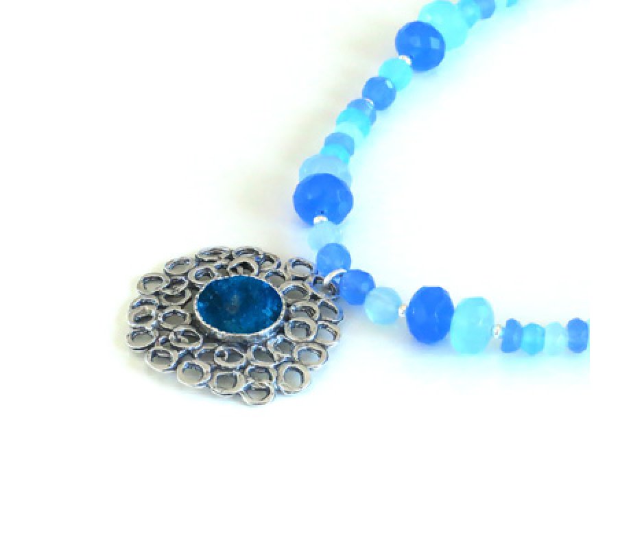 Michal Kirat Blue Crystal Beads with Roman Glass Pendant in Silver Floral Frame