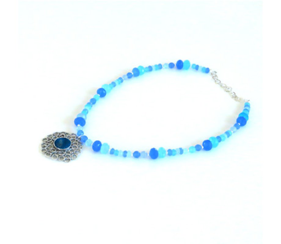 Michal Kirat Blue Crystal Beads with Roman Glass Pendant in Silver Floral Frame