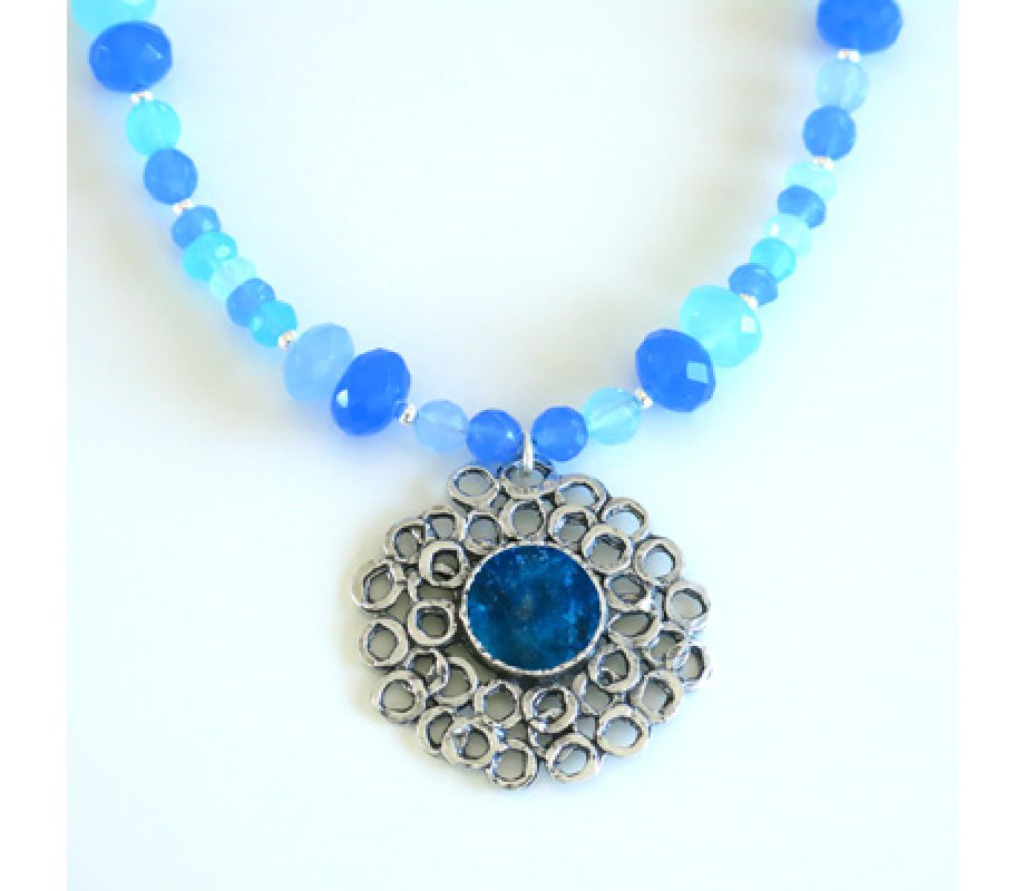 Michal Kirat Blue Crystal Beads with Roman Glass Pendant in Silver Floral Frame