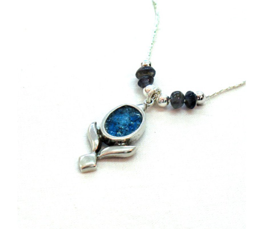 Michal Kirat Blue Lolite Beads Silver Necklace with Roman Glass Flower Pendant