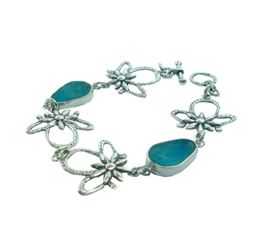 Michal Kirat Bracelet, Hammered Sterling Silver Flowers with Roman Glass Dewdrops