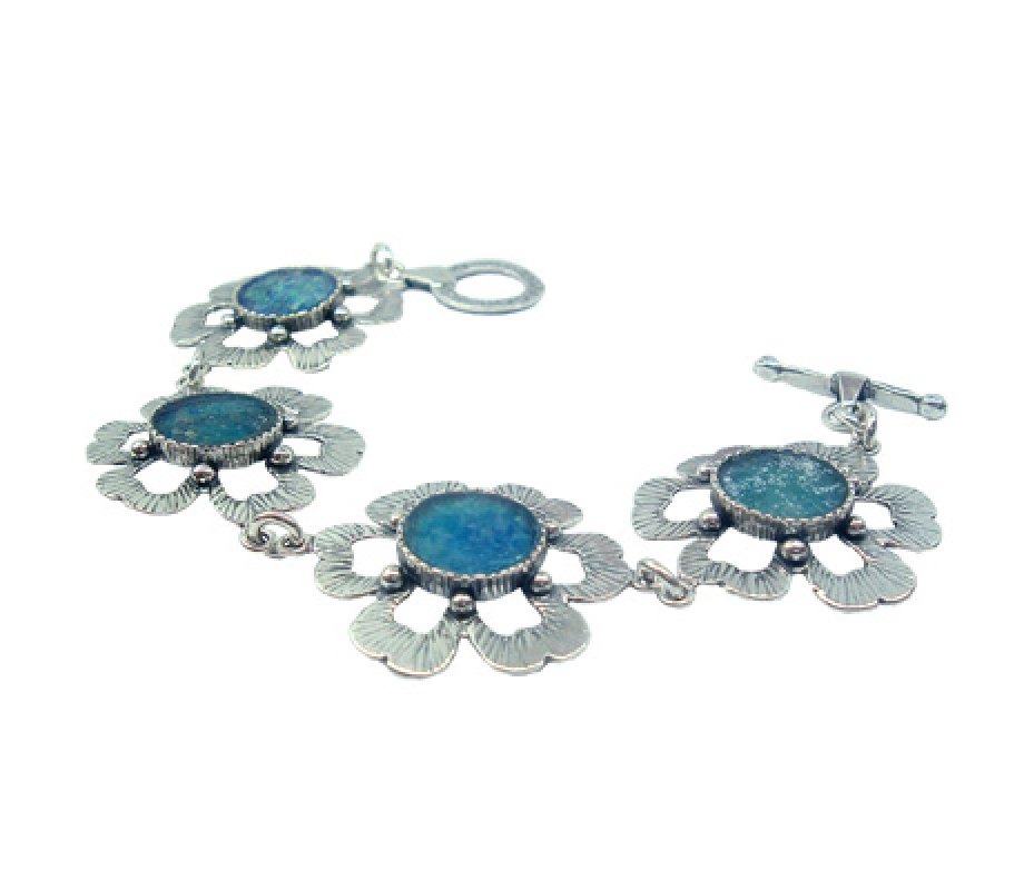 Michal Kirat Bracelet with Roman Glass Set in Hammered Sterling Silver Flowers