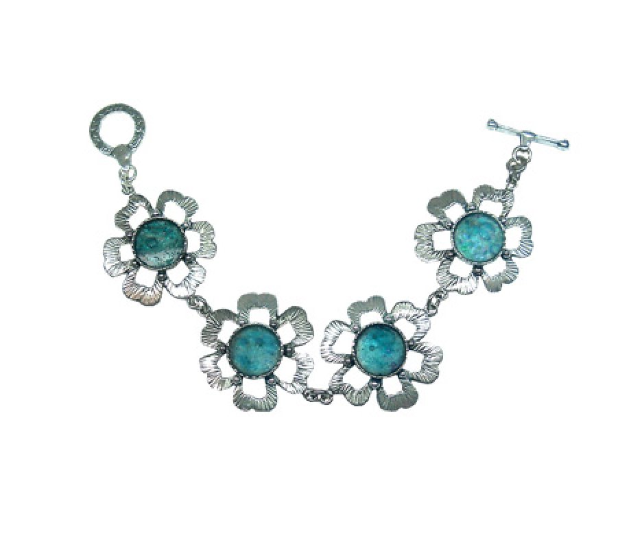 Michal Kirat Bracelet with Roman Glass Set in Hammered Sterling Silver Flowers