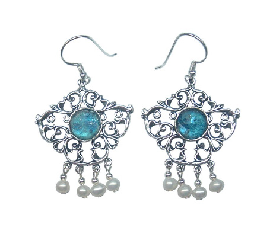 Michal Kirat Dangle Sterling Silver Earrings, Roman Glass and Freshwater Pearls