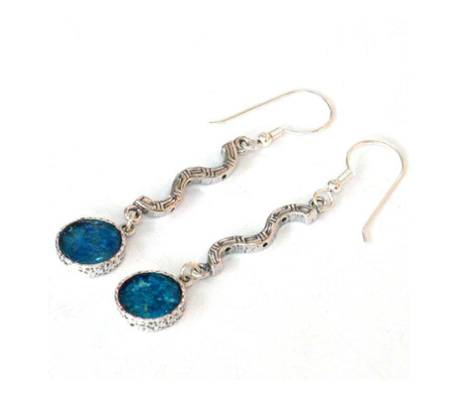 Michal Kirat Engraved Sterling Silver Dangle Earrings with Framed Roman Glass