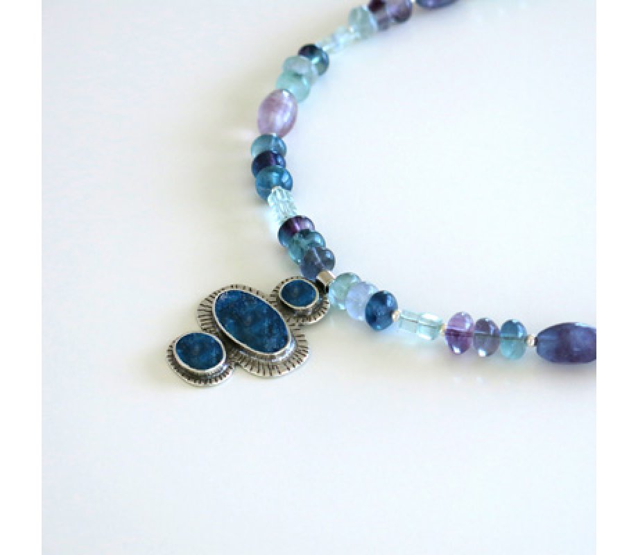 Michal Kirat Fluorite Beads Silver Necklace with Three Roman Glass Pendants